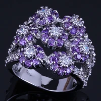 flawless huge flower purple cubic zirconia white cz silver plated ring v0549