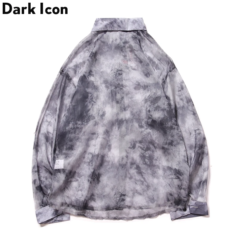 Dark Icon Tie Dyeing Turn-Down Collar Mush Shirts Men 2019 Autumn Street Hip Hop Thin Men’s Shirt Long Sleeve Blue/Grey | Мужская