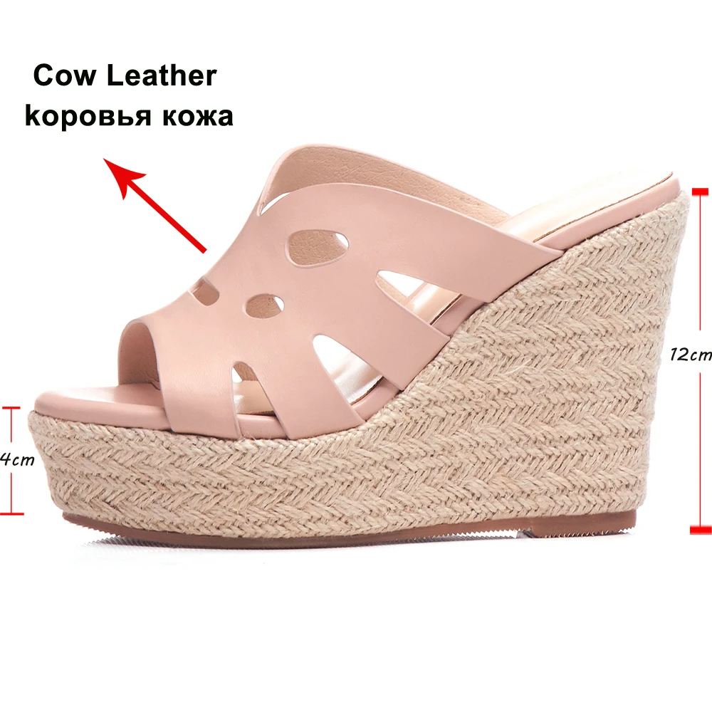 ANNYMOLI/весенне летние шлепанцы женская обувь на танкетке из натуральной кожи