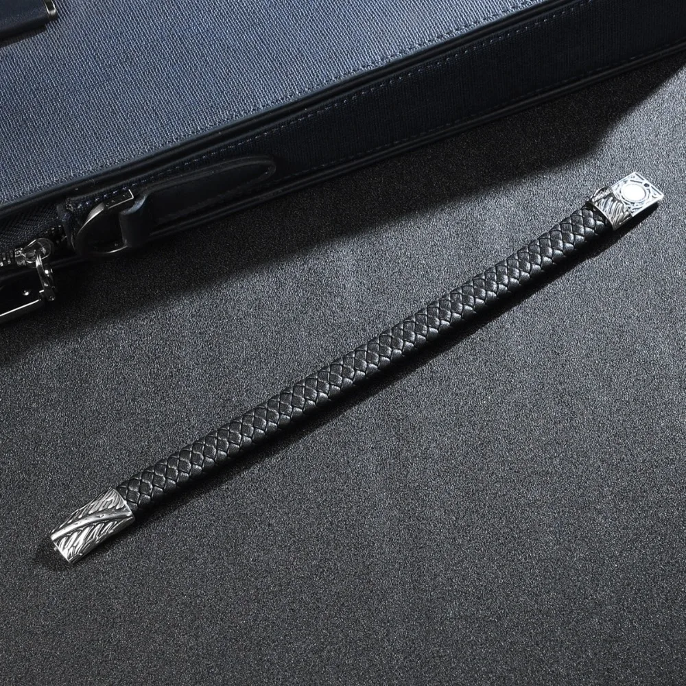 Men Jewelry Punk Black Braided Geunine Leather Bracelet Sword Dagger Pattern Stainless Steel Magnetic Buckle Bangles | Украшения и