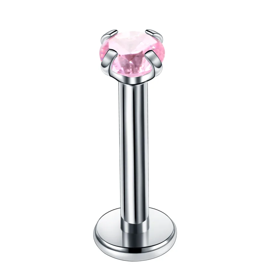 pink Zircon 1PC New Steel Prong Set Round Crystal Zircon Colorful Labret Stud Lip Rings Ear Cartilage Tragus Piercing Sexy Girls Jewelry 16g - Окраска металла: pink Zircon