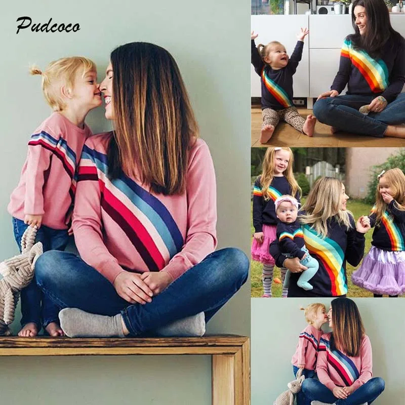 Толстовка для мамы и дочки Pudcoco Одинаковая одежда с длинными рукавами в радужную