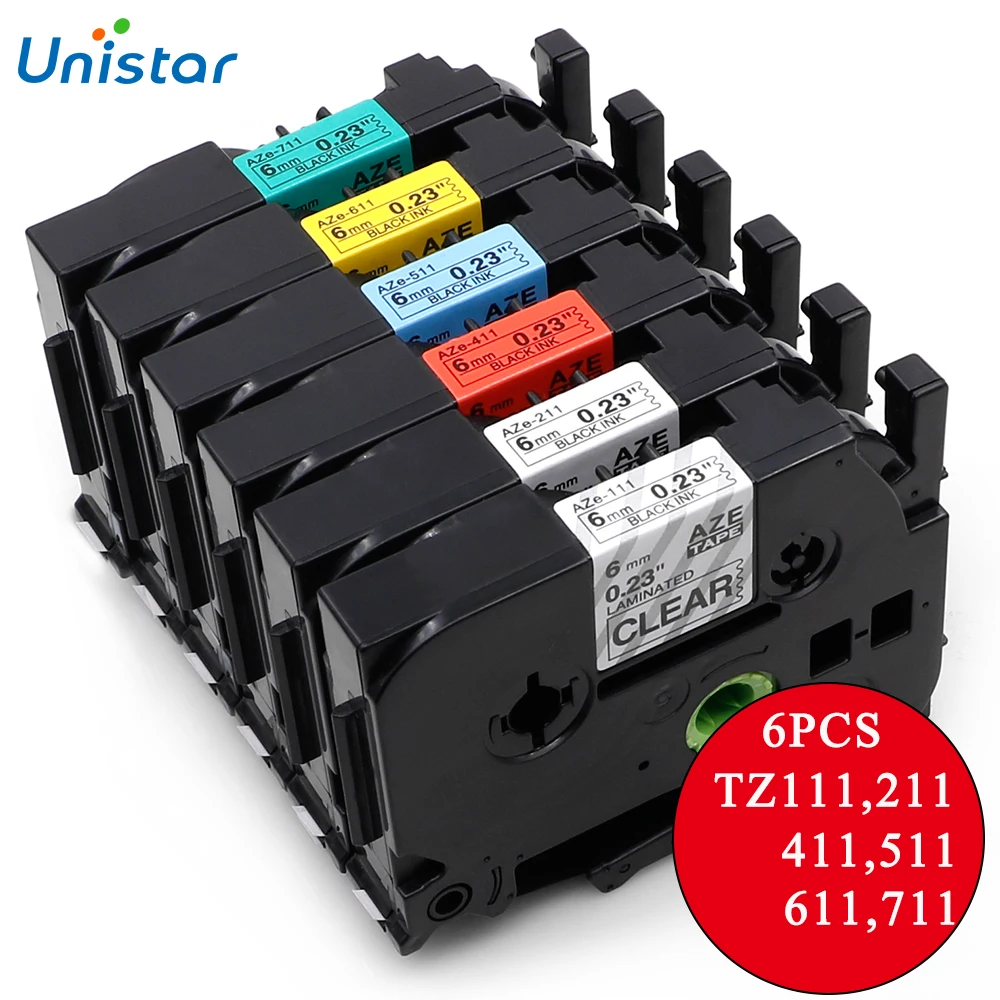Unistar 6 шт. лента TZ мм ленты для этикеток совместимые с принтером Brother P touch TZ111 TZ211 TZ411