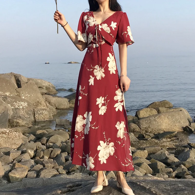 Женское шифоновое платье с высокой талией красное пикантное V образным вырезом