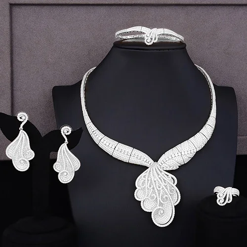 Silver GODKI супер Роскошные Цветы кисточки полный микро кубический цирконий женское свадебное платье чокер ювелирные изделия серьги ожерелье набор - Окраска металла: Silver