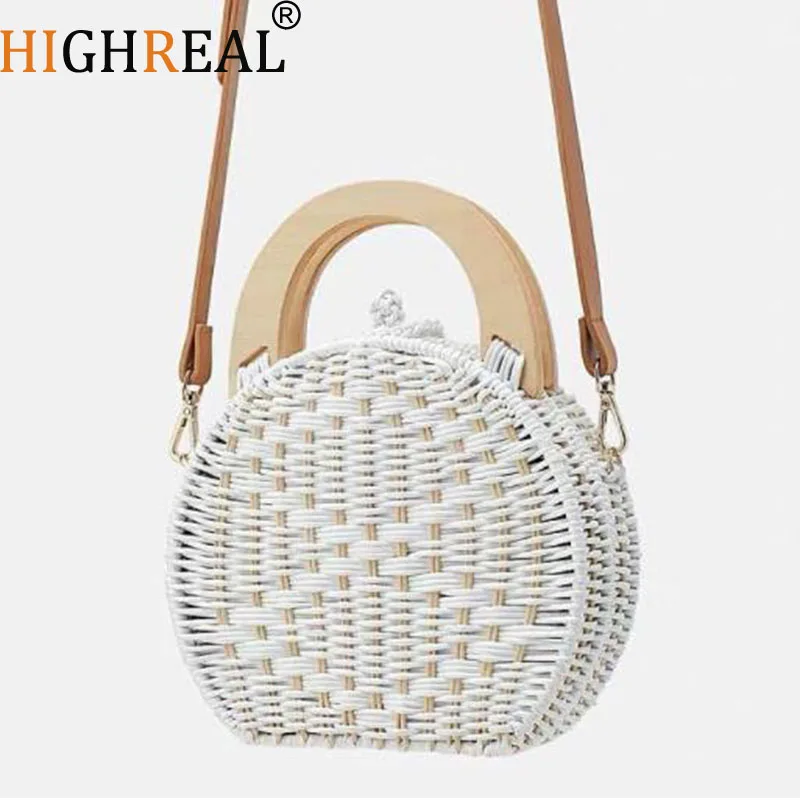 

HIGHREAL Woman Fashion Wooden Handle Rattan Knit Bag Camel white New Straw Bag Shoulder Messenger Bag Drop Shipping