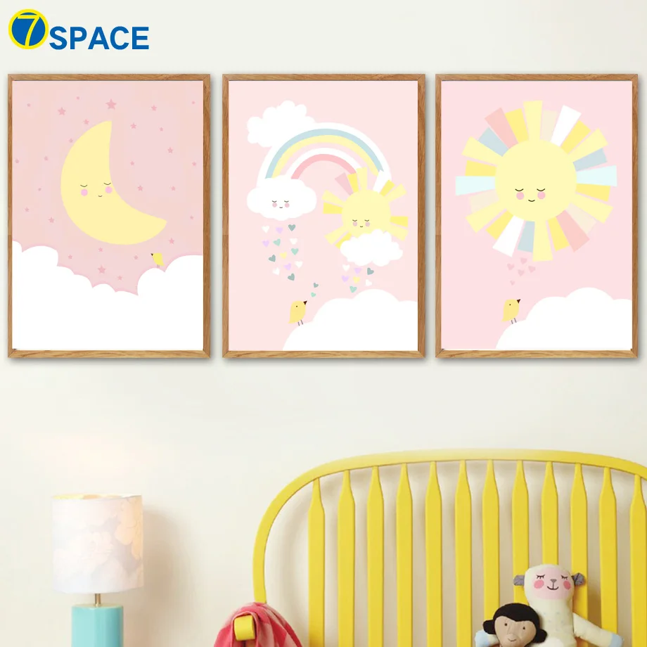 

Cartoon Rainbow Moon Sun Cloud Pink Posters And Prints Wall Art Canvas Painting Nordic Poster Wall Pictures Baby Kids Room Decor