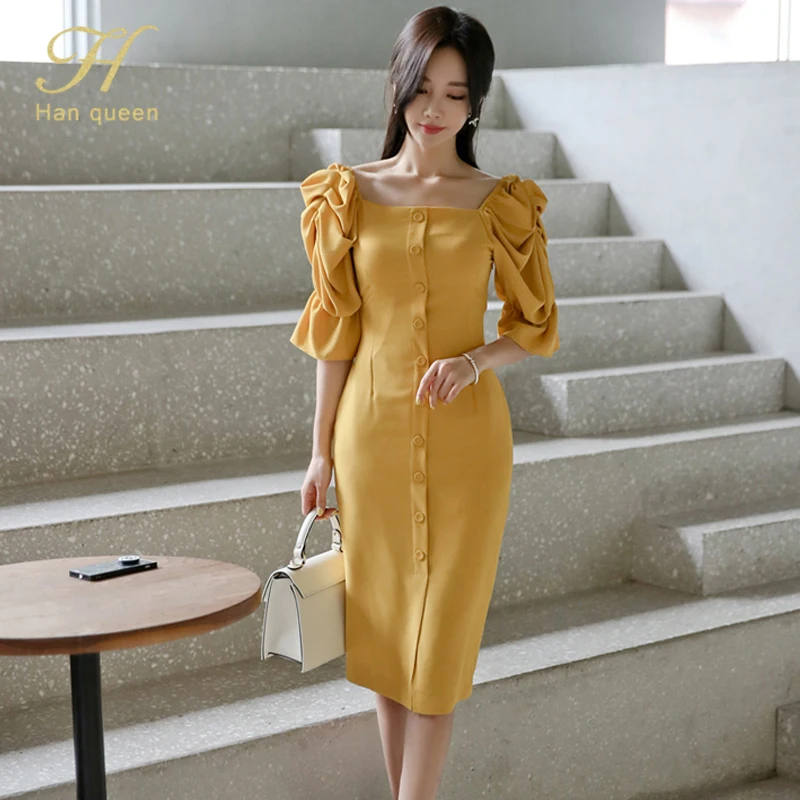 Yellow H Han queen лето карандаш офисное платье женщины желтый спинки однобортный Платья OL сексуальный Сплит Оболочка Bodycon Vestidos - Цвет: Yellow