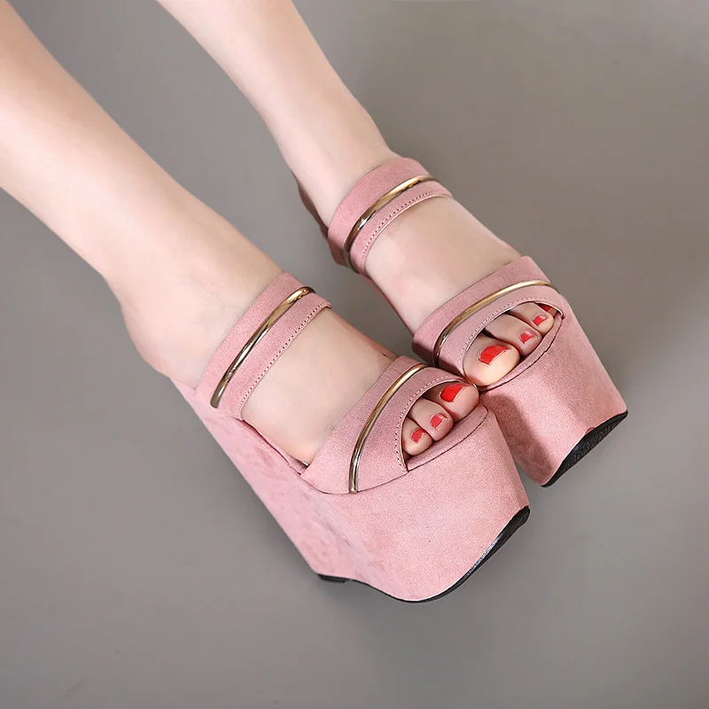 Женские босоножки из флока на танкетке 17 см туфли очень высокой платформе с