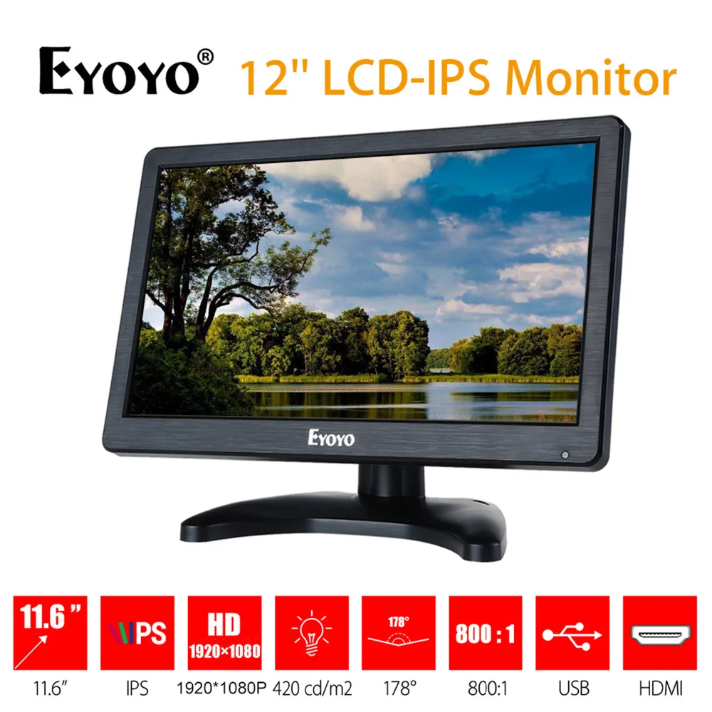 

EYOYO EM12D 12 дюймов IPS ЖК-дисплей HD видео и аудио монитор 1920x1080 HDMI, VGA, AV для ПК компьютер Камера DVD безопасности CCTV DVR