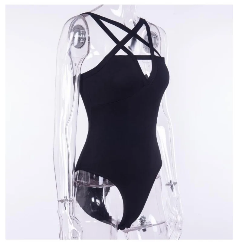 JIEZuoFang Gothic Women Jumpsuits Backless Cross Strap Front Design Hollow Out Pentagram Romper Black Sleeveless Slim Bodysuit