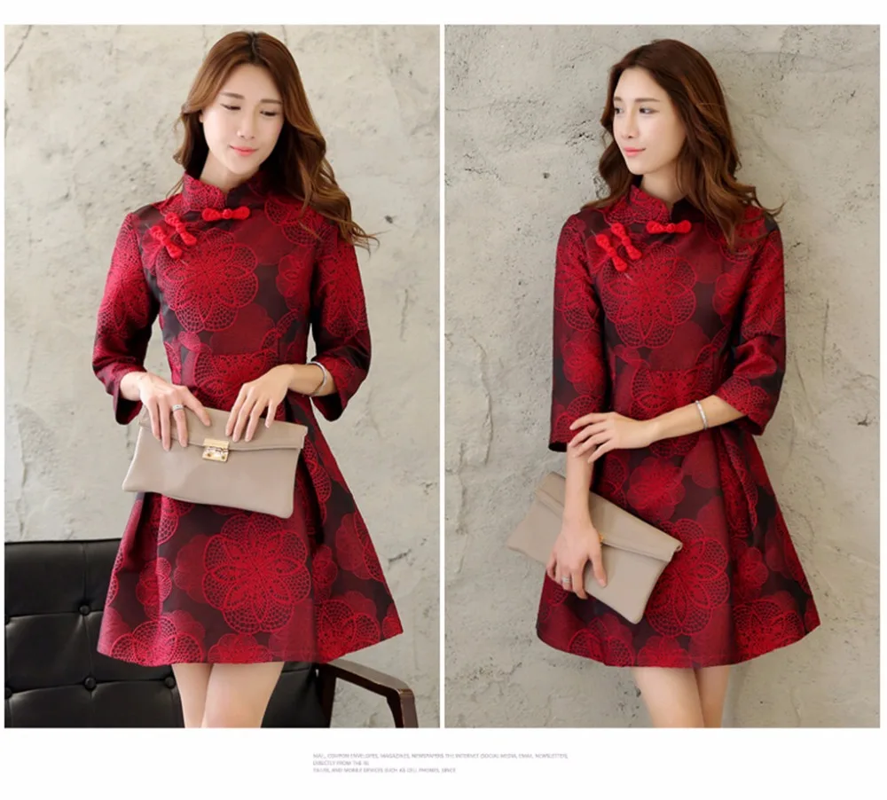 Женское платье Ципао красное туника с цветочной вышивкой|dress women flower|dress womenshort dress |
