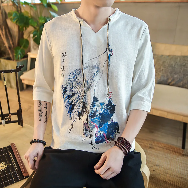 Рубашка мужская с рукавом до локтя льняная сорочка из хлопка и льна в китайском