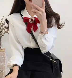 red tie shirt Шифоновая Блузка принцессы с галстуком-бабочкой и рюшами на подоле, женская рубашка с длинным рукавом, Женская сорочка - Цвет: red tie shirt