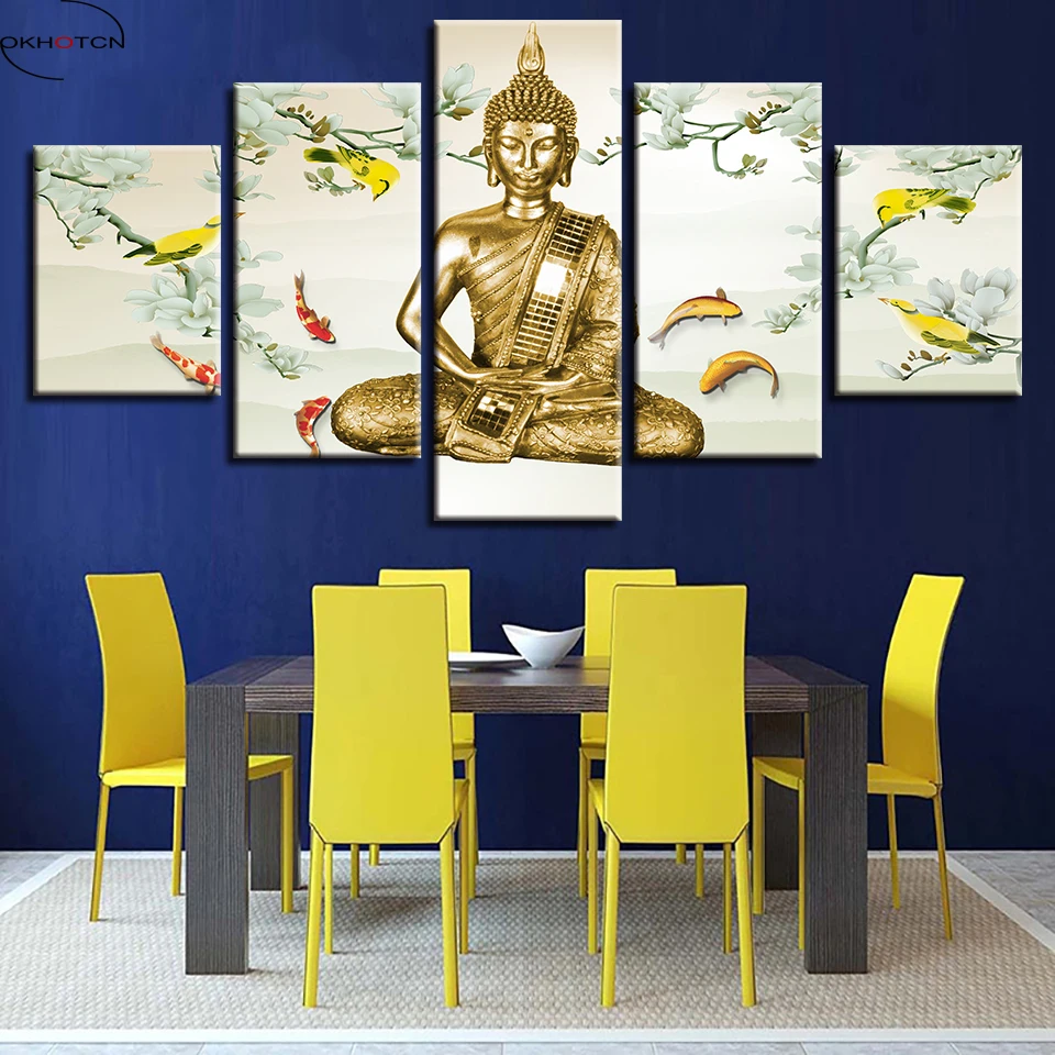 

Modern Decor Living Room Wall Art Frame 5 Pieces Buddha And Fish White Flowers Paintings Poster Modular Pictures Canvas HD Print