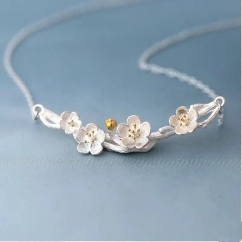 

Plum blossom Pendant Necklace Fine 925 Sterling Silver Woman Lovely Flower Choker Chain Art Pendant New Year Jewelry for Girls