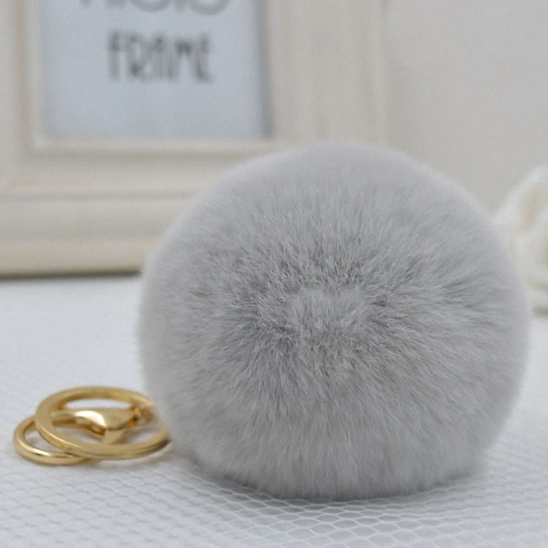 Brand Fluffy  Rabbit Fur Pompom 8CM For Bags&Cars Charm Real Natural Fur Balls Genuine Fur  Key Chain TKK005-grey keyring women