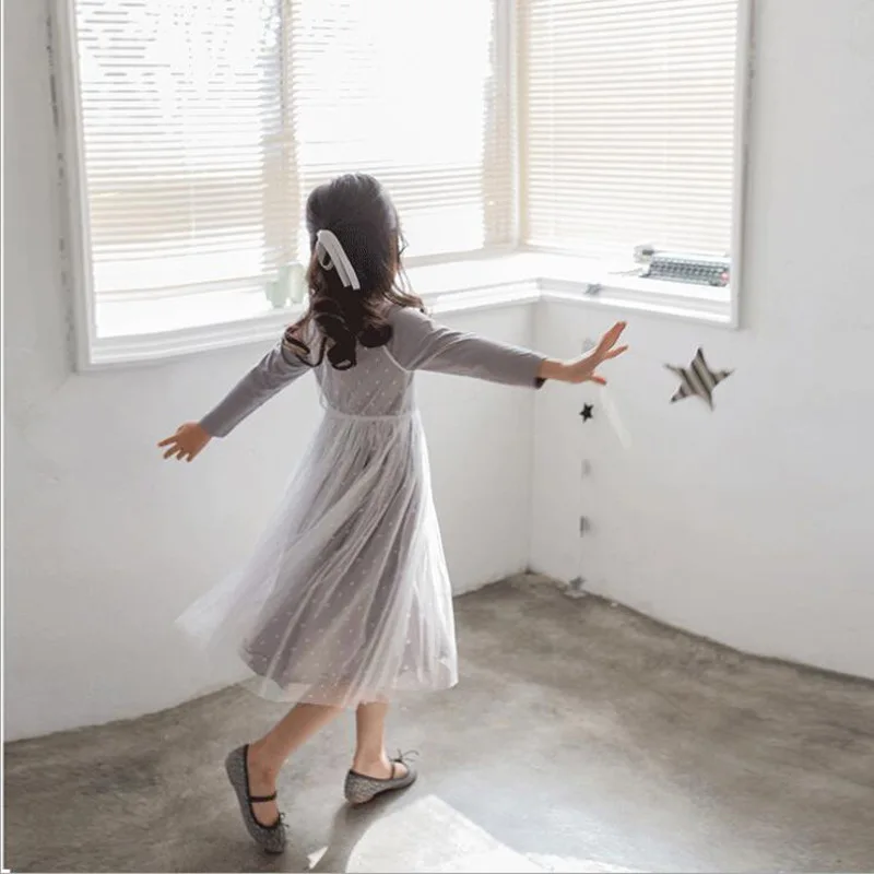 2020 Sunny Autumn Spring New Fashion Kids Casual Style Lace Dot O-Neck Little Girl Two-piece Grey Long Sleeve Designer Dresses | Детская