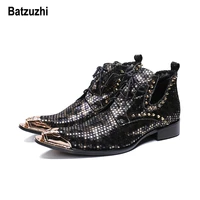 batzuzhi italy type men shoes fashion black leather boots men pointed metal tip lace up with rivets botas hombre party boots man