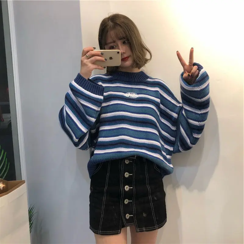 Female Korean Harajuku Clothing For Women Loose Wild Striped Student Sweater Women's Sweaters Kawaii Ulzzang Pullover Jumper | Женская