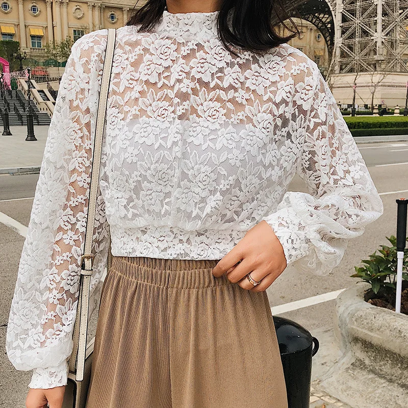 Весна 2018 Новый Для женщин кружевная рубашка воротник-стойка Длинные рукава