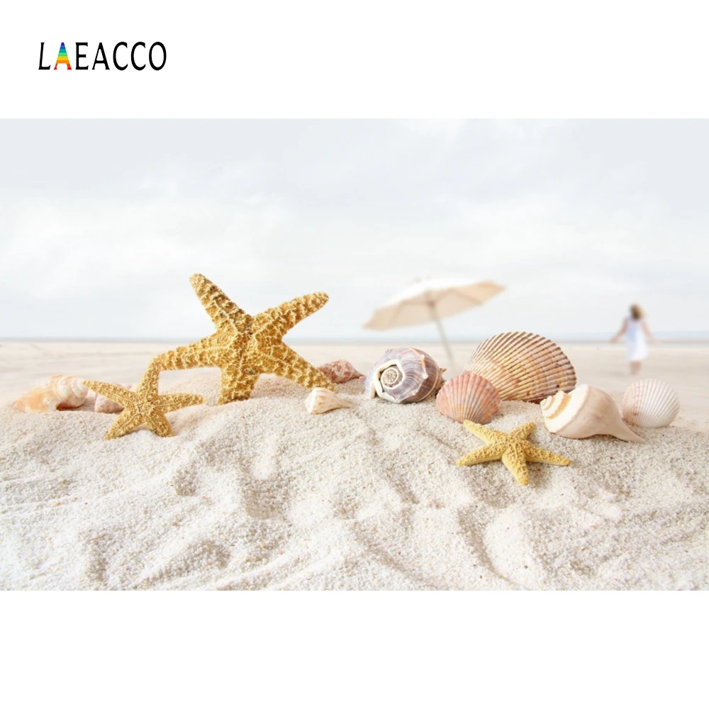 Laeacco Лето морской песок ракушки фотография дети фоны Пляж Морская звезда сцена