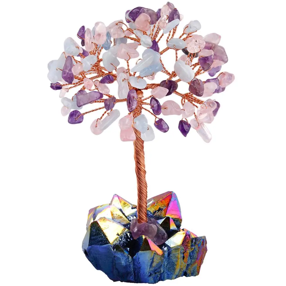 TUMBEELLUWA Natural Multicolor Crystal Tree Reiki Titanium Coated Cluster Base Bonsai Lucky Money Sculpture Decor | Украшения и