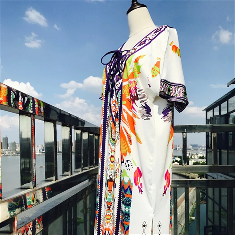 Brand Fashion Printed Kaftan Dress Back Hollow Open Fork Sexy Tied Rope Party Dresses Soft Womens Clothing #D102 | Женская одежда