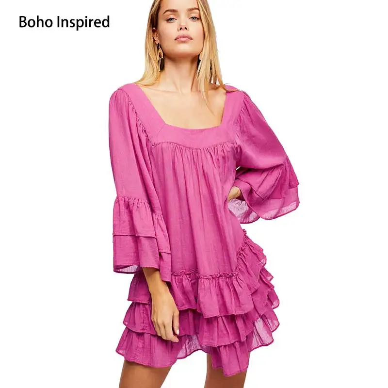 Boho вдохновил Ruffled квадратный средства ухода за кожей шеи V назад труба рукав