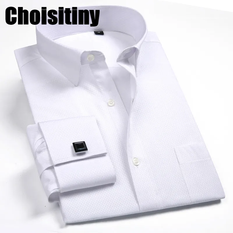 

Mens French Cufflinks Long sleeves Shirts Black White Blue Yellow Lapel Male Business Dress shirt Fit Wedding Party Men Clothin