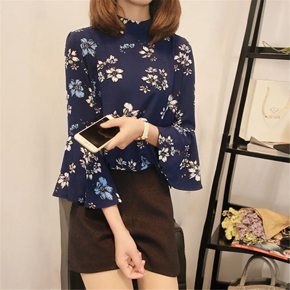 2018 корейская мода шифоновая с цветочным принтом Блузка женская рубашка Летняя