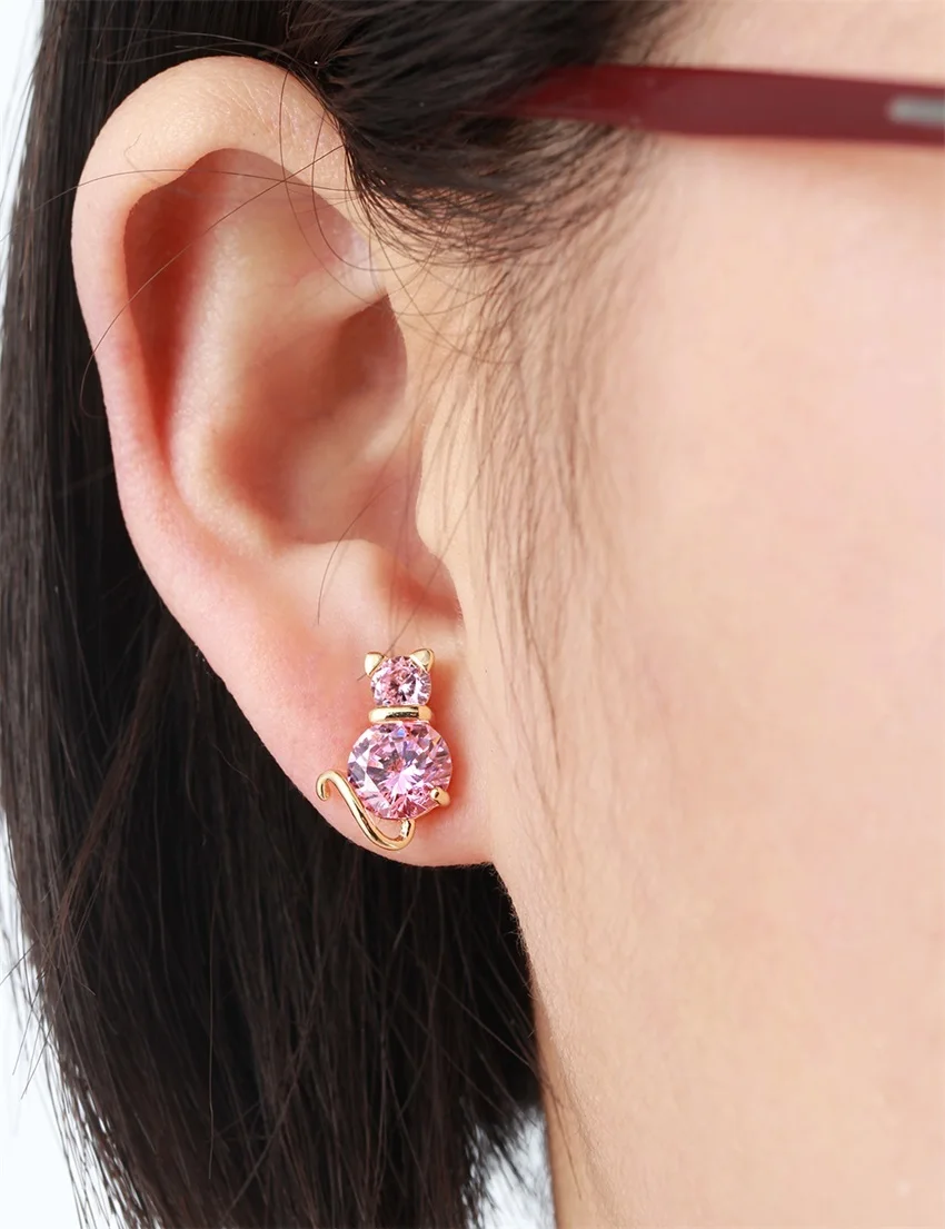 Yellow Gold Color Cute Cat Kitty Clear Zircon Anti Allergic Piercing Stud Earrings for Women Children Girls Kids Jewelry Aros|stud earrings|stud