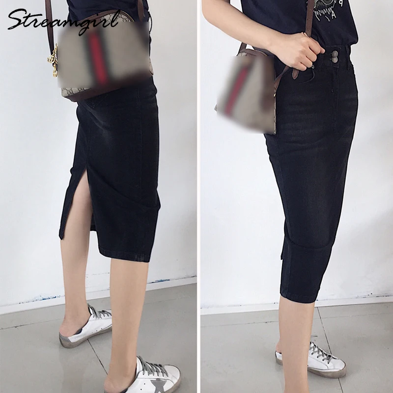 Черная джинсовая юбка миди летняя женская карандаш 2019 с высокой талией женские