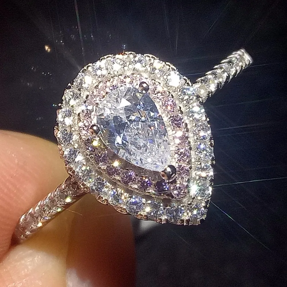 

New Arrival Luxury Jewelry Pure 100% 925 Sterling Silver Drop Water Pear Cut White 5A Zirconia Pave CZ Party Wedding Heart Ring
