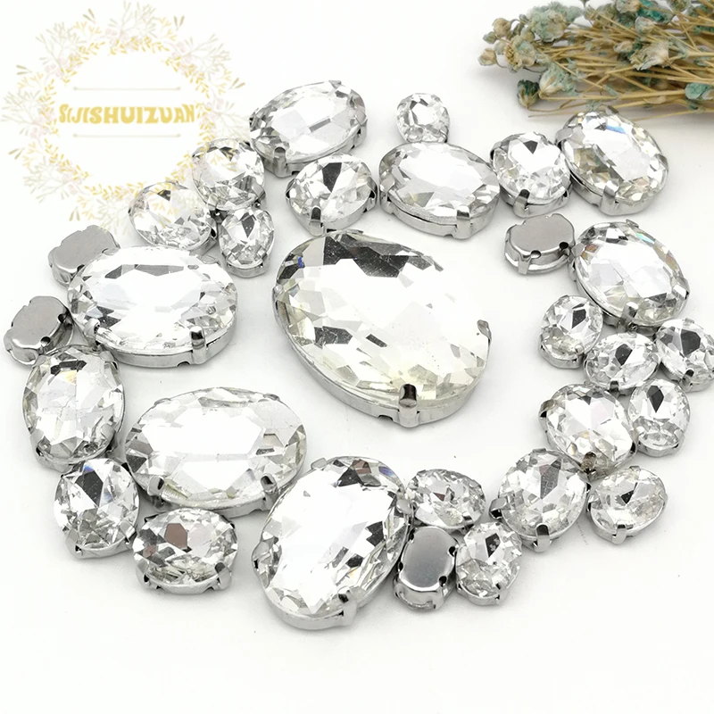 

30pcs 5 SIZES NEW!!! MIX white OVAL Size Crystal Glass Sew-on Rhinestones Silver Bottom DIY Women's Dresses and shoes BAG