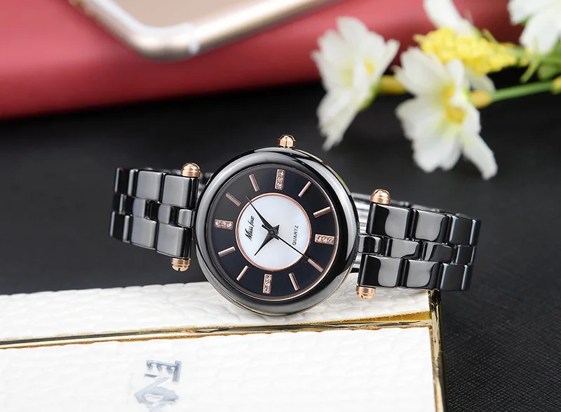 MissFox черные керамические наручные часы модный бренд MISS FOX розовое золото для