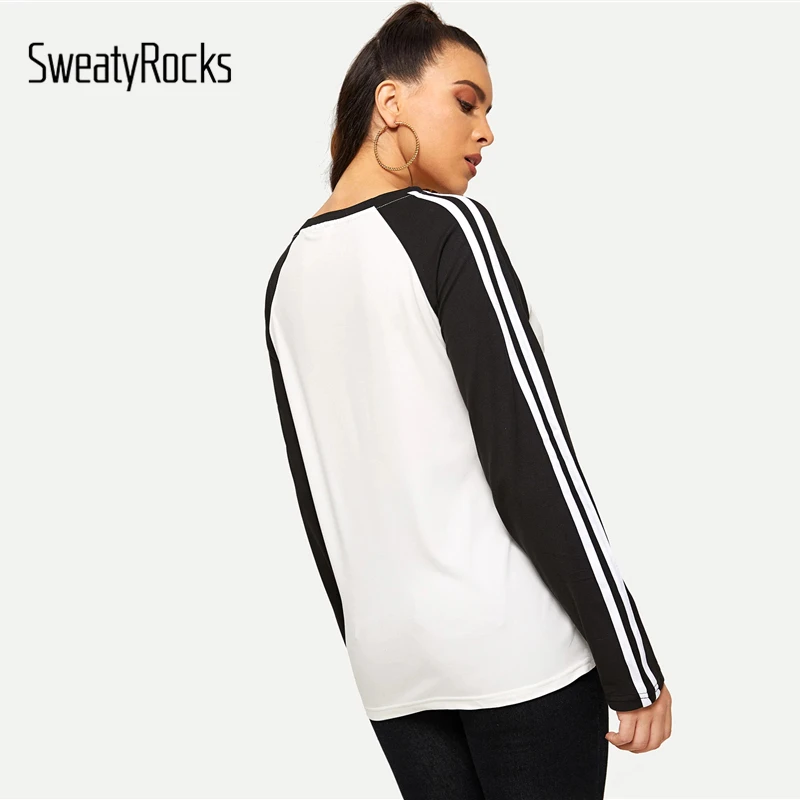 SweatyRocks футболка с вышитыми буквами и полосатыми рукавами уличная женская футболка с круглым вырезом пуловеры Топы Весенняя Повседневная футболка