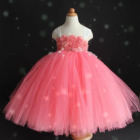 Girls White Long Tutu Dress Kids Tulle Ball Gown Lace Strap With Shabby Flowers Children Wedding Party Costume | Детская одежда и