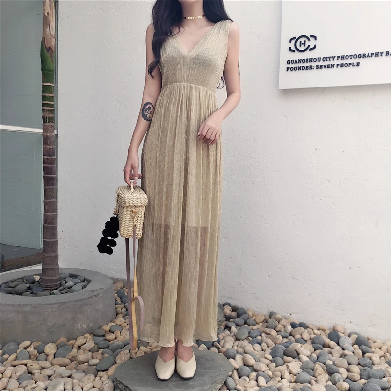 Для женщин корейской моды V воротником без рукавов Длинные вечерние платье