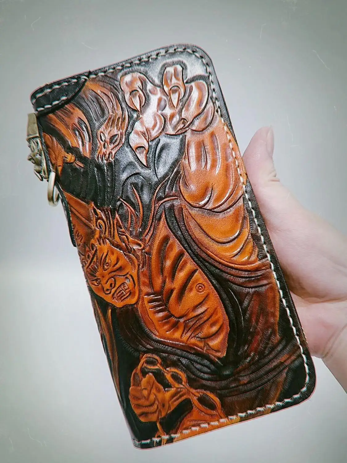 

Genuine Leather Wallets Carving Devils 'Black and white is impermanent' Purses Men Long Clutch Vegetable Tanned Leather Wallet