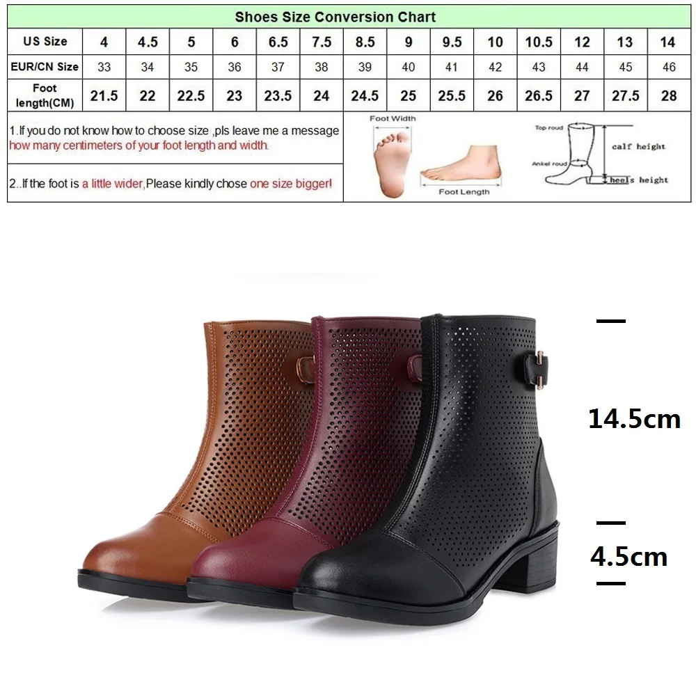 

DRFARGO Summer Genuine Leather Shoes Women Ankle Boots Hollow out Breathable Square Heels Shoes Autumen Buckle Strap size 35-42