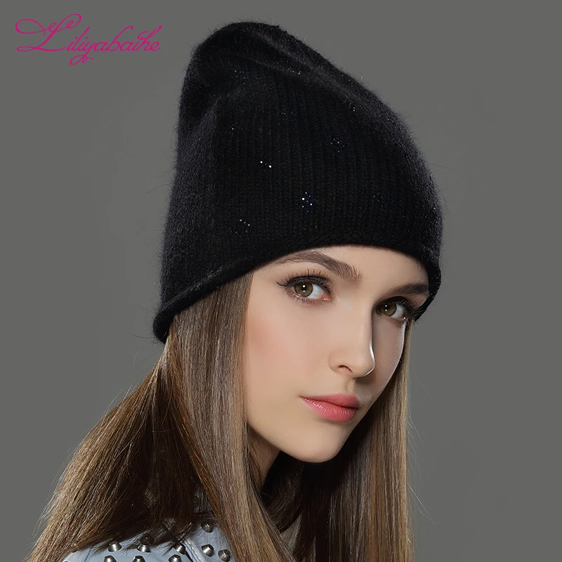 

LILIYABAIHE Women Autumn And Winter Hat angora Knitted Skullies Beanies Cap Classic color diamond decoration hats for Girls