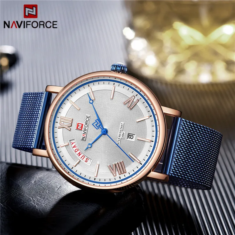 NAVIFORCE часы мужские модные деловые часы мужские повседневные водонепроницаемые кварцевые наручные часы синие стальные сетчатые часы Relogio Masculino