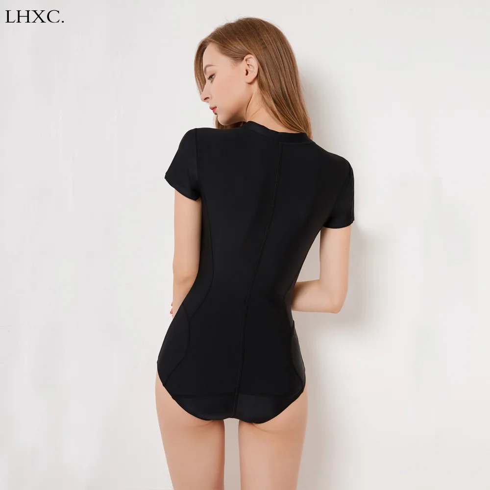 2019 Новые Женские однотонные Rashguard Купальники с коротким рукавом черный цельный
