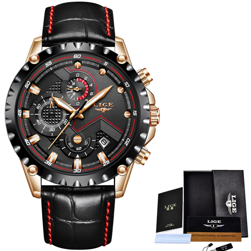 LIGE Top Brand Luxury Watch Men Fashion Casual Leather Watches Mens Military Sport Waterproof Quartz Relogio Masculino+Box | Наручные