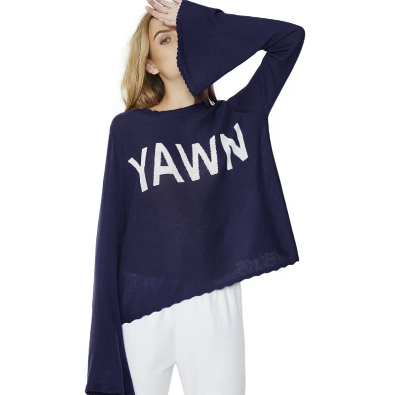 HDY Haoduoyi Solid Fashion Dark Blue Sweaters Women Letters Printed Embroidery Casual Pullovers Female Lace Tops Lady | Женская одежда