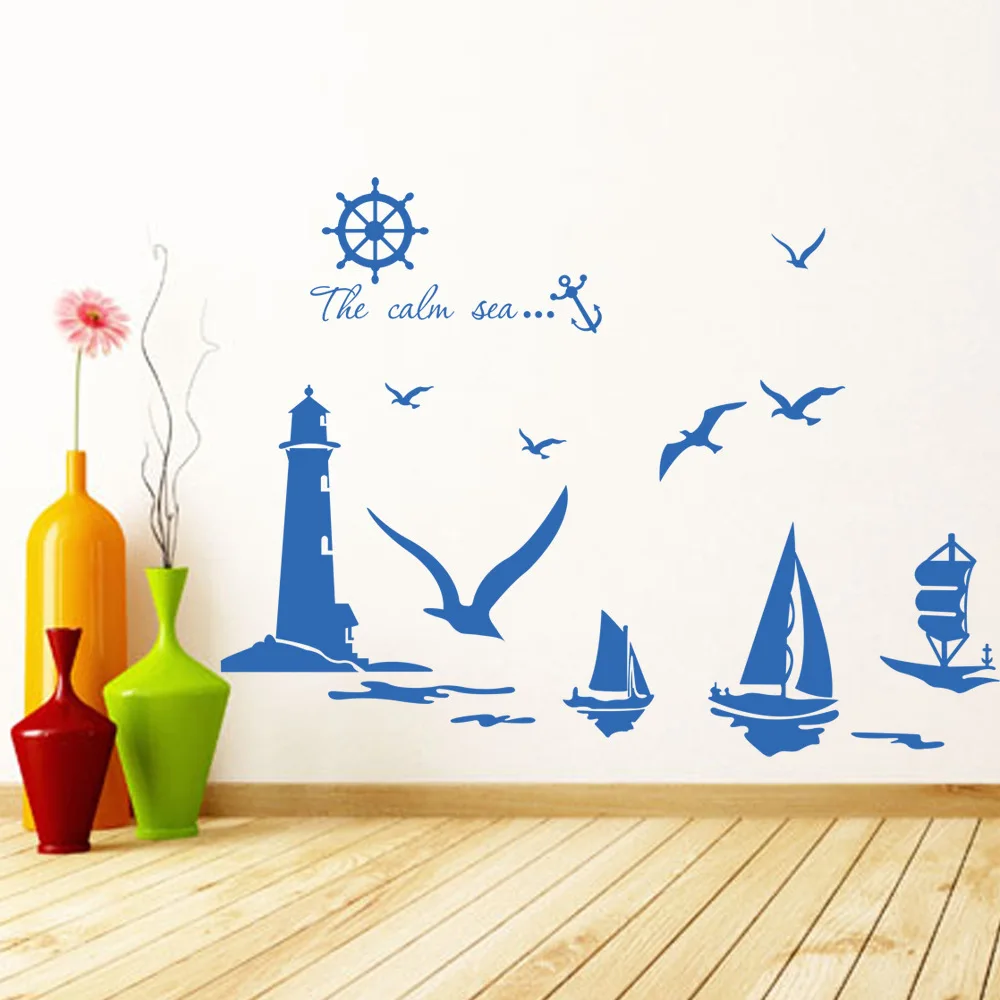 2017 Special Offer Real For Wall Landscape Plastic Europe Wallpaper Room Background Mediterranean Sea Lighthouse Stickers | Дом и сад