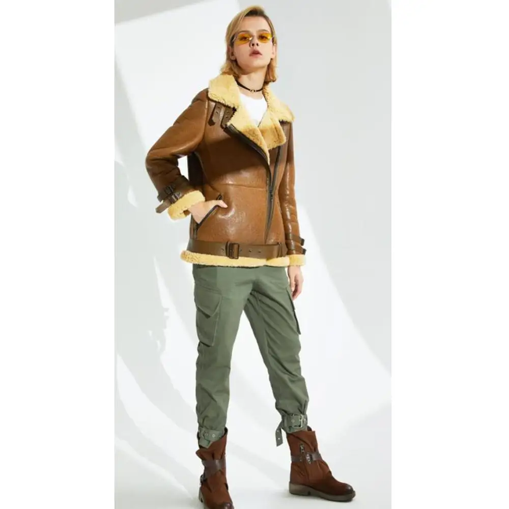 Women's B3 Shearling Jacket Women's Short Motorcycle Jacket Women's Winter Leather Warm Jacket
