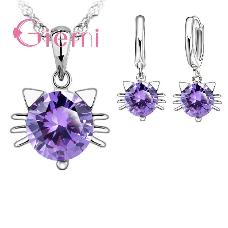 

Factory Outlets 925 Sterling Silver Jewelry Sets Cute Cubic Zircon Cat Women Girls Pendant Necklace Hoop Huggie Earrings