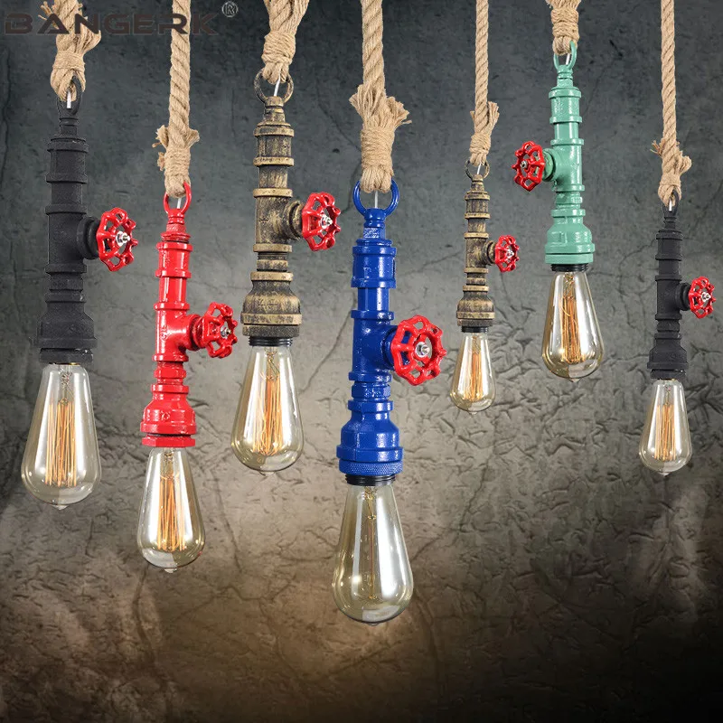 Vintage Industrial Water Pipe Pendant Lamp Loft Rope Hanging Lamps LED Edison Lights Lighting Home Decor Fixtures | Лампы и освещение